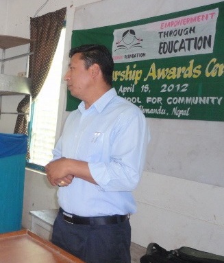 Principal Shyam Shrestha addresses the crowd