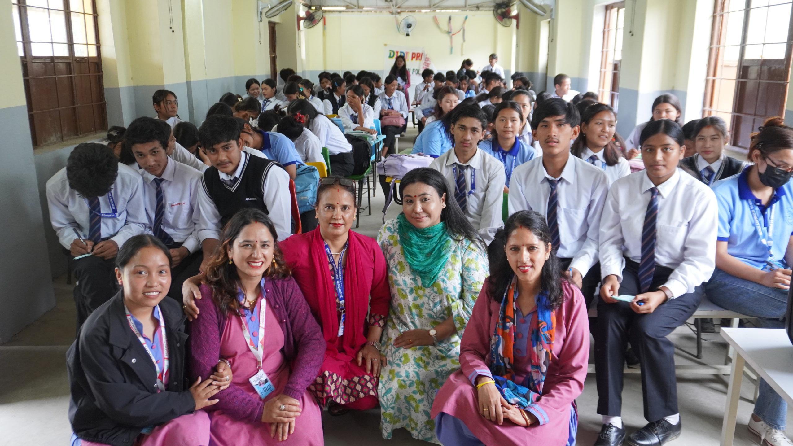 Group photo of students, teacher and RF staff with Sukrita Didi