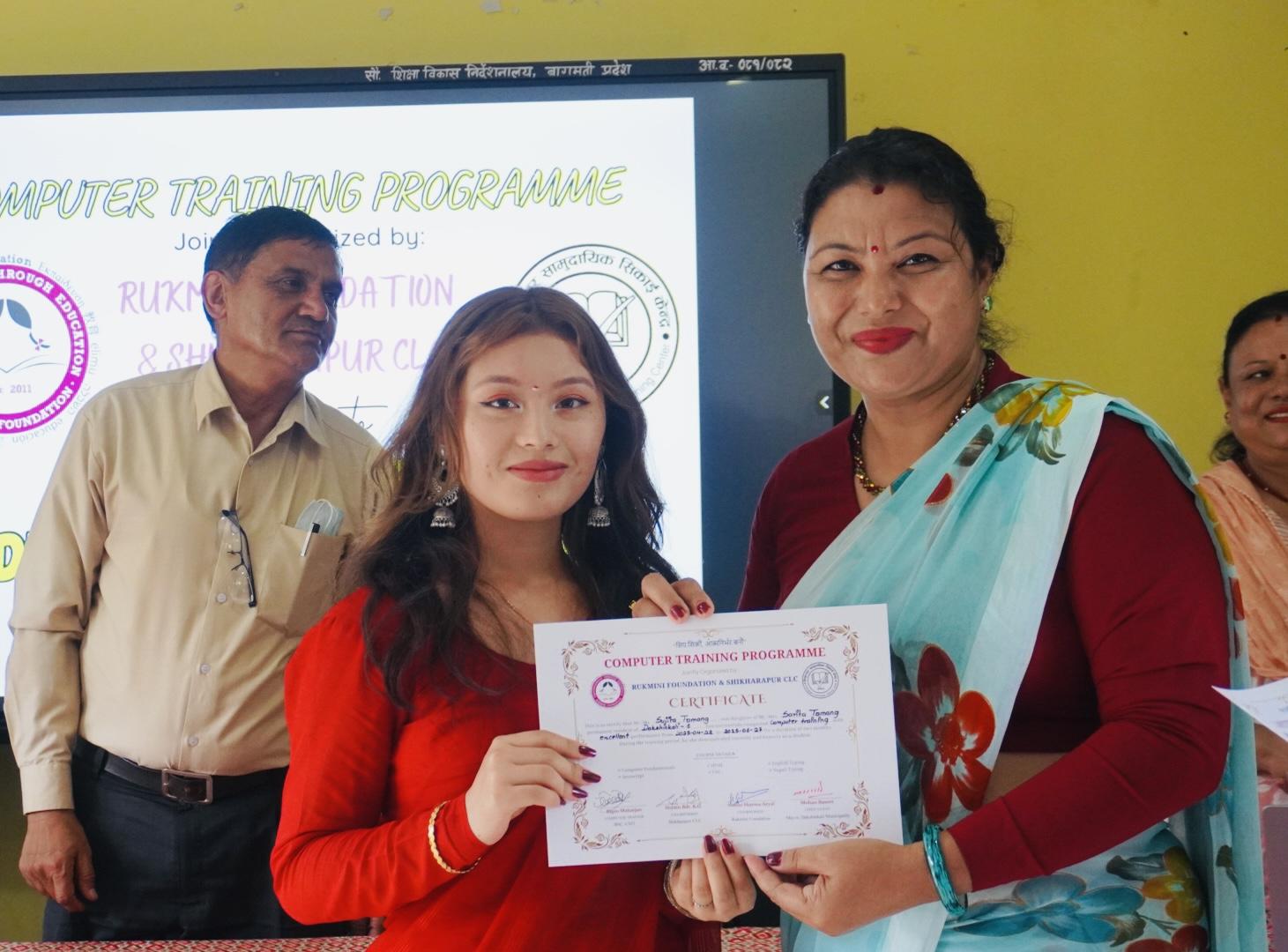 Certificate Distribution to Sujita (computer trainee)by Deputy Mayor Basanti Dangol Tamang_