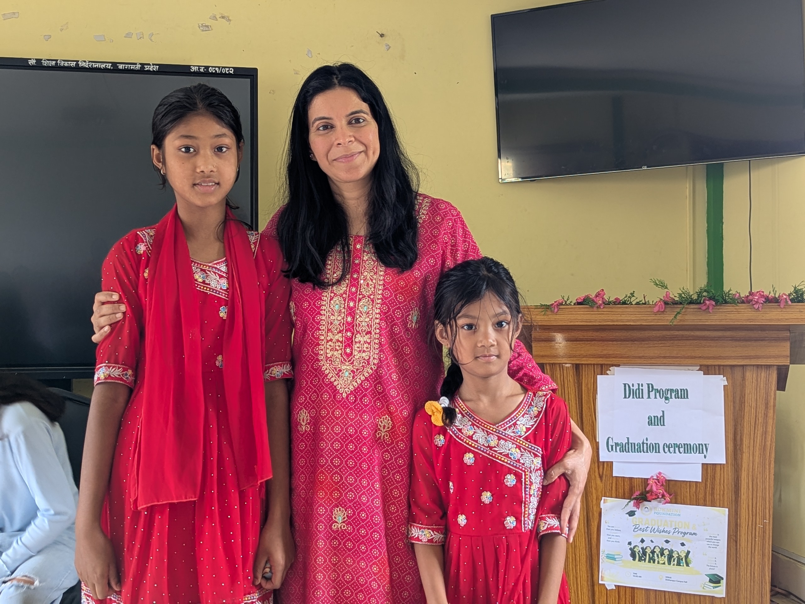 Samjhana and Shristi Mahara with Guest Didi Dr. Soni after the graduation ceremony_